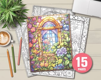 15 Floral Stained Glass Coloring Book - Adults Kids Coloring Pages, Instant Download, Grayscale Coloring Book, Printable PDF File