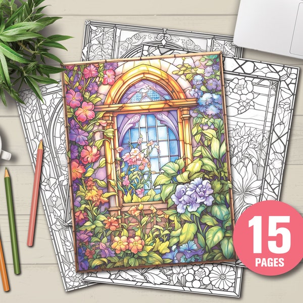 25 Bloemen Gebrandschilderd Glas Kleurboek voor Volwassenen Kleurplaten Grijstinten Kleurplaten PDF Kleurboek