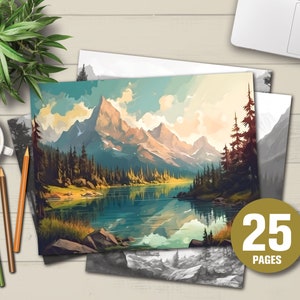 25 Beautiful Landscapes Coloring Book - Adults Kids Coloring Pages, Instant Download, Grayscale Coloring Book, Printable PDF File