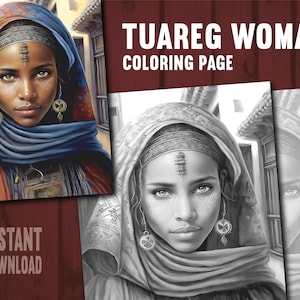 Tuareg Women Coloring Page - Adults Kids Coloring Page, Instant Download, Grayscale Coloring Page, Printable PDF File, PNG