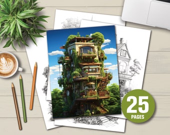 25 Intricate Garden Houses Coloring Book - Adults Kids Coloring Pages, Instant Download, Grayscale Coloring Book, Printable PDF File