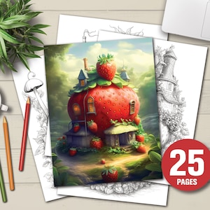 25 Enchanted Strawberry Houses Coloring Book - Adults Kids Coloring Pages, Instant Download, Grayscale Coloring Book, Printable PDF File