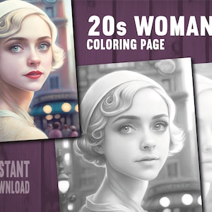 20s Woman Coloring Page - Adults Kids Coloring Page, Instant Download, Grayscale Coloring Page, Printable PDF File, PNG