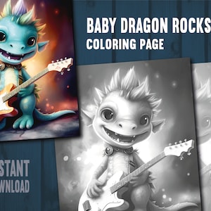 Funny Baby Dragon Rockstar Coloring Page - Adults Kids Coloring Page, Instant Download, Grayscale Coloring Page, Printable PDF File, PNG
