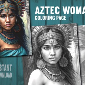 Aztec Women Coloring Page - Adults Kids Coloring Page, Instant Download, Grayscale Coloring Page, Printable PDF File, PNG