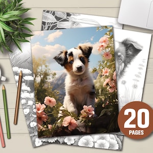 20 Cute Young Dogs Coloring Book - Adults Kids Coloring Pages, Instant Download, Grayscale Coloring Book, Printable PDF File