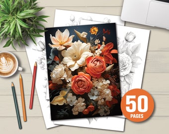 50 Beautiful Flowers Coloring Book - Adults Kids Coloring Pages, Instant Download, Grayscale Coloring Book, Printable PDF File