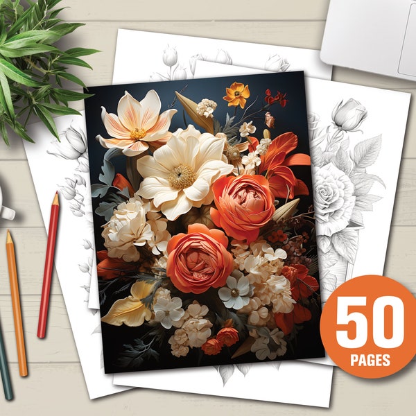 50 Beautiful Flowers Coloring Book - Adults Kids Coloring Pages, Instant Download, Grayscale Coloring Book, Printable PDF File