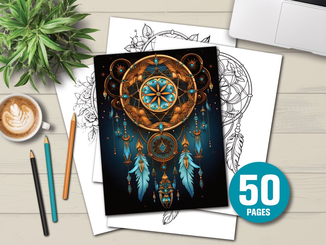 50 Dreamcatcher Coloring Book - Adults Kids Coloring Pages, Instant ...
