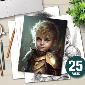 25 Little Paladin Boys Coloring Book - Adults Kids Coloring Pages, Instant Download, Grayscale Coloring Book, Printable PDF File