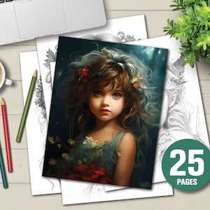 25 Cute Forest Fairies Coloring Book - Adults Kids Coloring Pages, Instant Download, Grayscale Coloring Book, Printable PDF File