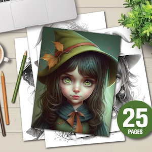 25 Cute Little Witches Coloring Book - Adults Kids Coloring Pages, Instant Download, Grayscale Coloring Book, Printable PDF File