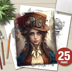 Coloring Book Steampunk Women Adults Coloring Pages Grayscale Coloring Pages Printable Coloring PDF