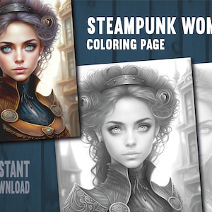 Steampunk Women Coloring Page - Adults Kids Coloring Page, Instant Download, Grayscale Coloring Page, Printable PDF File, PNG