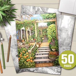 50 Garden Terraces Coloring Book - Adults Kids Coloring Pages, Instant Download, Grayscale Coloring Book, Printable PDF File