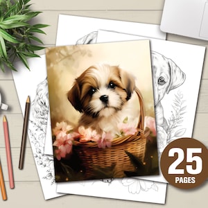 25 Cute Flower Dogs Coloring Book - Adults Kids Coloring Pages, Instant Download, Grayscale Coloring Book, Printable PDF File