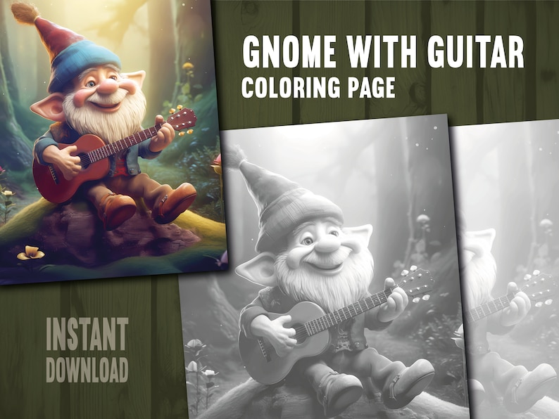 Funny Gnome With Guitar Coloring Page Adults Kids Coloring - Etsy