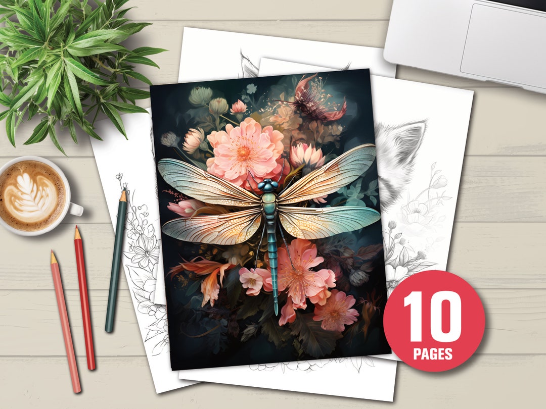 10 Dragonflies Coloring Book - Adult Coloring Pages, Instant Download ...