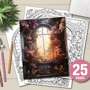 25 Blooming Windows Coloring Book - Adults Kids Coloring Pages, Instant Download, Grayscale Coloring Book, Printable PDF File