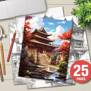 25 Old Chinese Houses Coloring Book - Adults Kids Coloring Pages, Instant Download, Grayscale Coloring Book, Printable PDF File