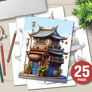 25 Little Chinese Houses Coloring Book - Adults Kids Coloring Pages, Instant Download, Grayscale Coloring Book, Printable PDF File