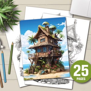 25 Little Hawaian Houses Coloring Book - Adults Kids Coloring Pages, Instant Download, Grayscale Coloring Book, Printable PDF File