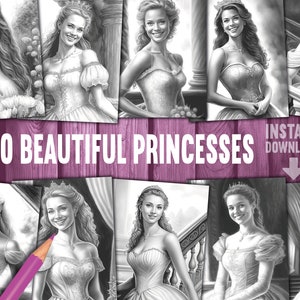 10 Beautiful Princesses Coloring Book - Adults Kids Coloring Pages, Instant Download, Grayscale Coloring Book, Printable PDF File