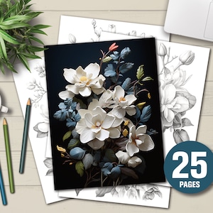 25 Beautiful Magnolias Coloring Book - Adults Kids Coloring Pages, Instant Download, Grayscale Coloring Book, Printable PDF File