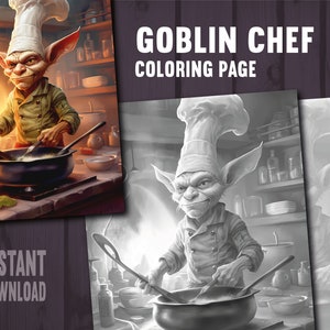 Funny Goblin Chef Coloring Page - Adults Kids Coloring Page, Instant Download, Grayscale Coloring Page, Printable PDF File, PNG