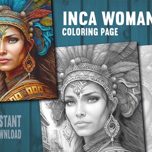 Inca Women Coloring Page - Adults Kids Coloring Page, Instant Download, Grayscale Coloring Page, Printable PDF File, PNG