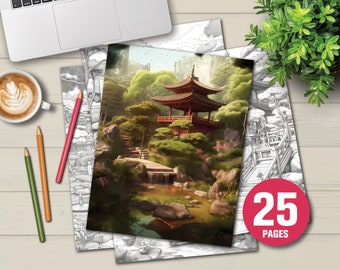 25 Japanese Gardens - Adults Kids Coloring Pages, Instant Download, Grayscale Coloring Book, Printable PDF File