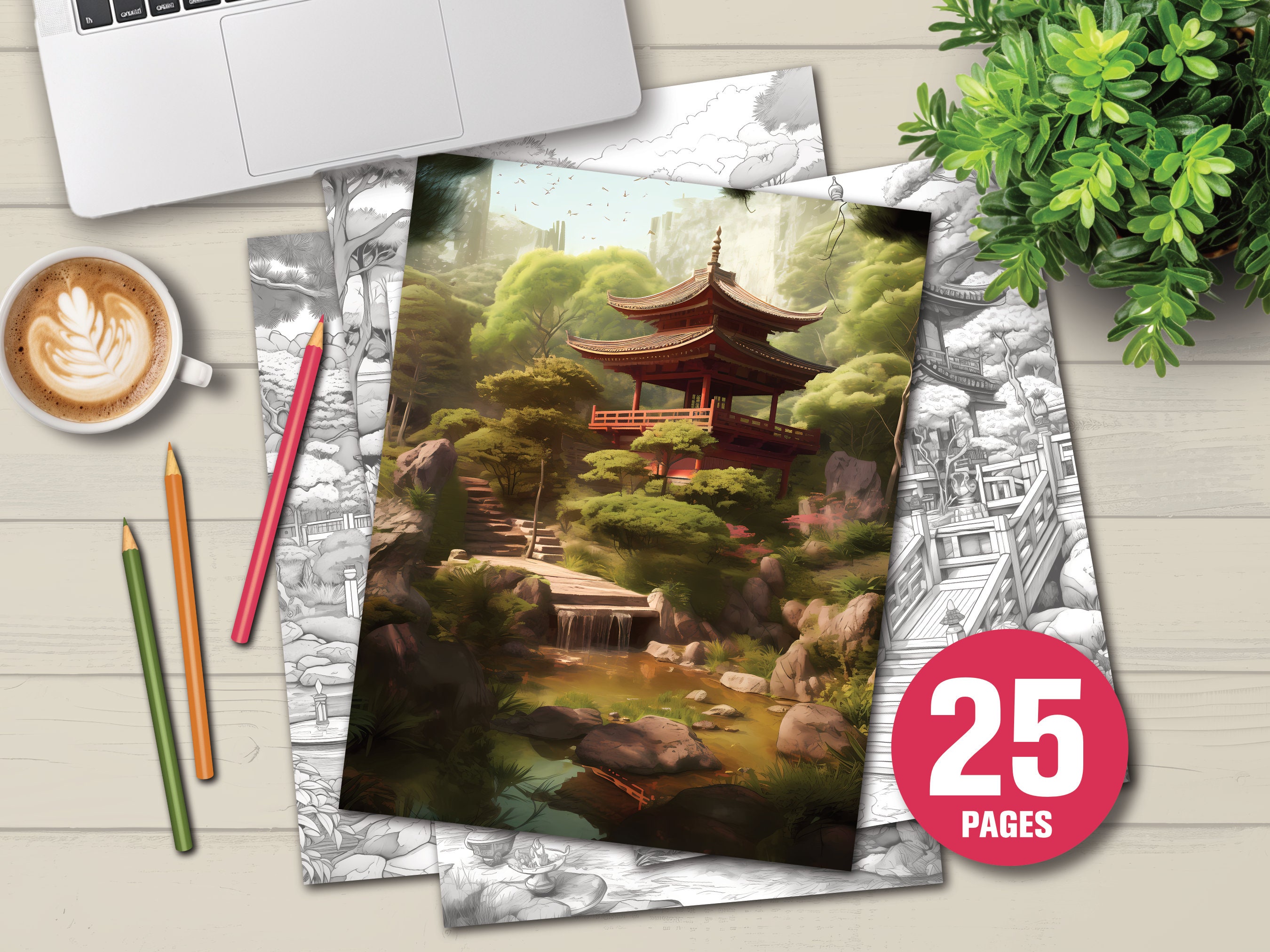 25 Japanese Gardens - Adults Kids Coloring Pages, Instant Download, Grayscale Coloring Book, Printable PDF File