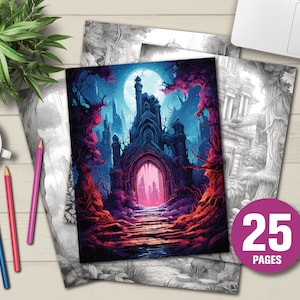 25 Mystic Lost Ruins Coloring Book - Adults Kids Coloring Pages, Instant Download, Grayscale Coloring Book, Printable PDF File