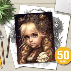Libro para colorear Steampunk Girls Páginas para colorear para adultos Páginas para colorear en escala de grises Libro para colorear PDF Descarga instantánea