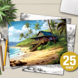Hawaii Coloring Book - Adults Kids Coloring Pages, Instant Download, Grayscale Coloring Book, Printable PDF File