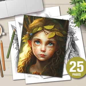 25 Cute Druid Girls Coloring Book - Adults Kids Coloring Pages, Instant Download, Grayscale Coloring Book, Printable PDF File