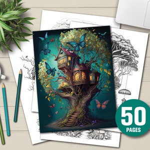 50 Enchanted Treehouse Coloring Book - Adults Coloring Pages, Instant Download, Grayscale Coloring Book, Printable PDF File