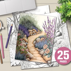25 Flower Garden Paths Coloring Book Adults Coloring Pages, Instant Download, Grayscale Coloring Book, Printable PDF Coloring Pages