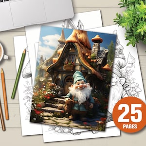 25 Enchanted Gnomes Coloring Book - Adults Kids Coloring Pages, Instant Download, Grayscale Coloring Book, Printable PDF File