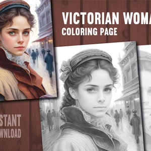 Victorian Women Coloring Page - Adults Kids Coloring Page, Instant Download, Grayscale Coloring Page, Printable PDF File, PNG