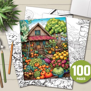 100 Farmers Garden Coloring Book - Adults Kids Coloring Pages, Instant Download, Grayscale Coloring Book, Printable PDF File