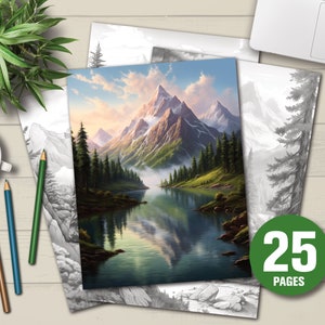 25 Beautiful Mountains Coloring Book - Adults Kids Coloring Pages, Instant Download, Grayscale Coloring Book, Printable PDF File