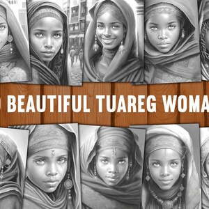 20 Beautiful Tuareg Women Coloring Book - Adults Kids Coloring Pages, Instant Download, Grayscale Coloring Book, Printable PDF File