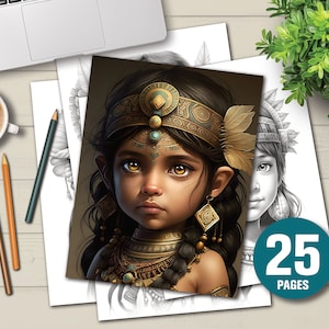 25 Cute Aztec Girls Coloring Book - Adults Kids Coloring Pages, Instant Download, Grayscale Coloring Book, Printable PDF File