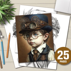 25 Cute Steampunk Boys Coloring Book -  Adults Kids Coloring Pages, Instant Download, Grayscale Coloring Book, Printable PDF File