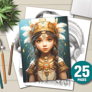 25 Cute Inca Girls Coloring Book - Adults Kids Coloring Pages, Instant Download, Grayscale Coloring Book, Printable PDF File