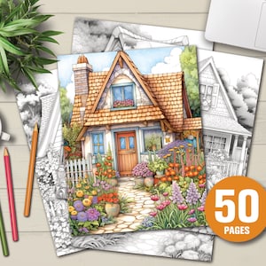 50 Cottage Gardens - Adults Coloring Pages, Instant Download, Grayscale Coloring Book, Printable PDF File