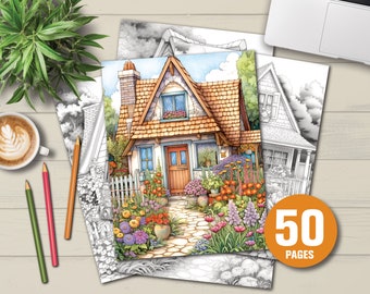50 Cottage Gardens - Adults Coloring Pages, Instant Download, Grayscale Coloring Book, Printable PDF File