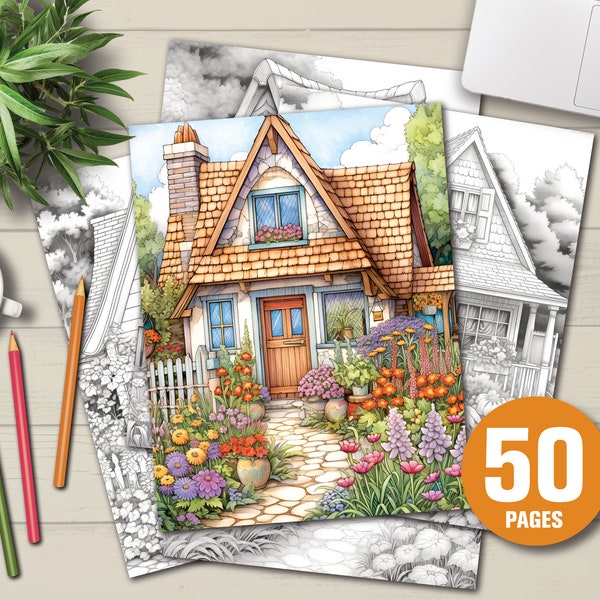 50 Cottage Gardens - Adults Coloring Pages, Instant Download, Grayscale Coloring Book, Printable PDF File