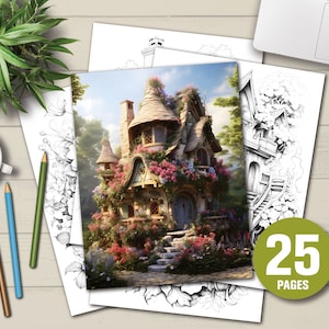 25 Blooming Fairy Houses Coloring Book - Adults Kids Coloring Pages, Instant Download, Grayscale Coloring Book, Printable PDF File